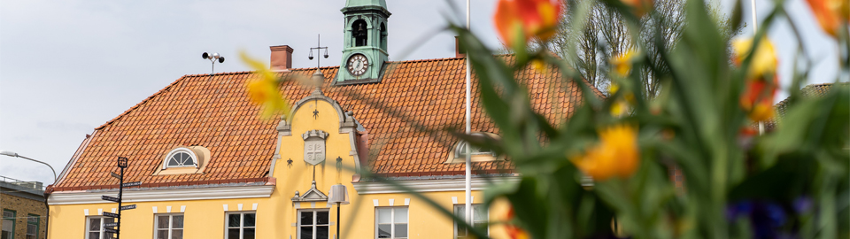 Rådhuset med en vårplantering i förgrunden. Foto: Sölvesborgs kommun.