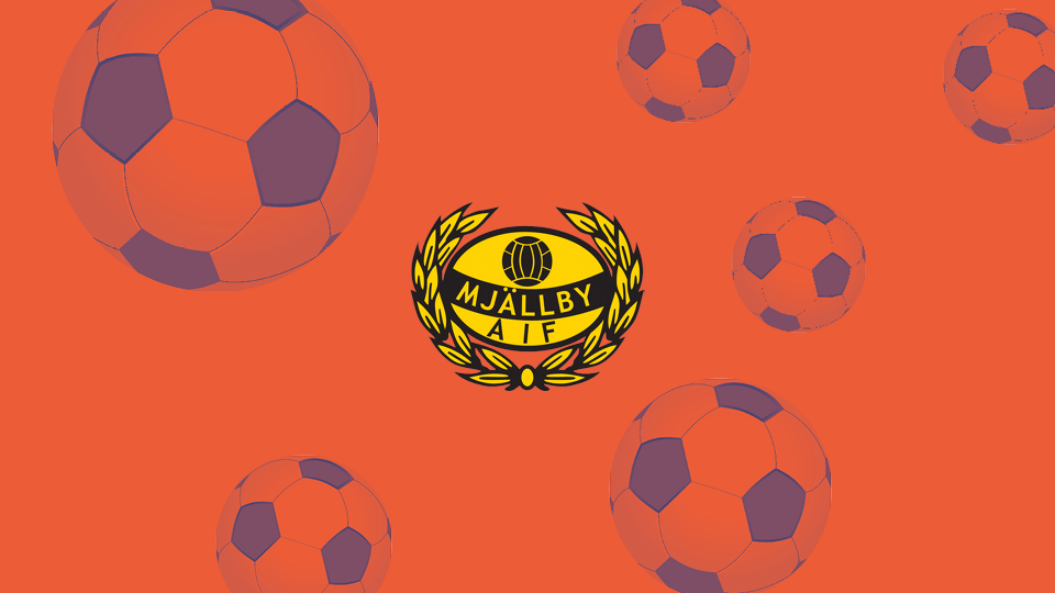 MAIFs logotyp på orange bakgrundsbild med fotbollar.