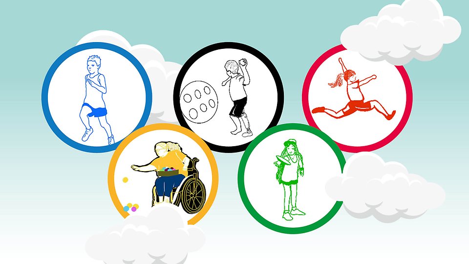Grafisk illustration av de olympiska ringarna och barn som sportar.